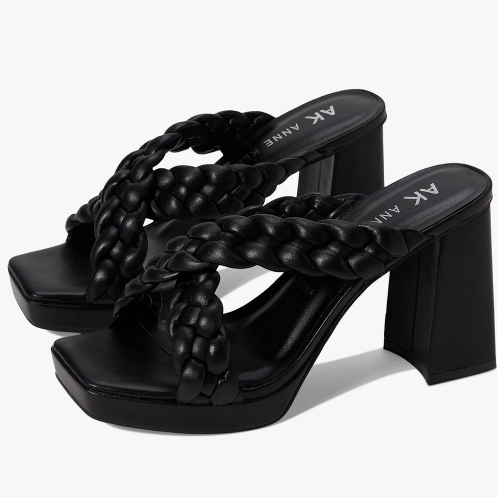 Anne Klein Braided Black Heels Chunky Square Toe Slide Sandals Size 6